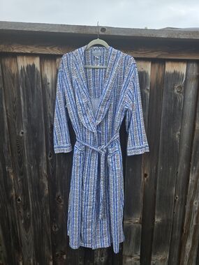 Blue Floral Stripe Women's Cotton Robe with Belt